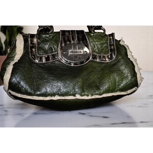 Vintage GUESS Olive Green Faux Leather Shearling Handbag | Y2K Croc Trim Logo - Picture 3 of 15